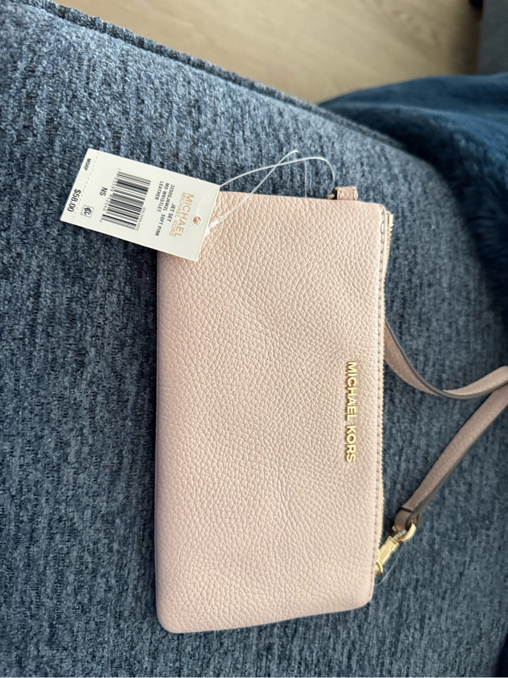 Michael Kors Blush Pebbled Leather Wristlet with Gold Logo